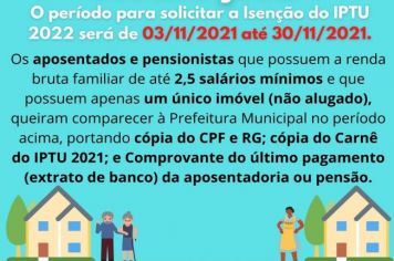 Período para protocolar os pedidos de Isenção de IPTU 2022,